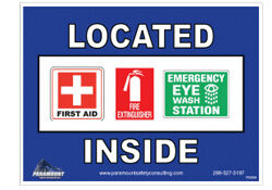 First Aid, Fire Extinguisher, Eye Wash Station Located Inside Sign